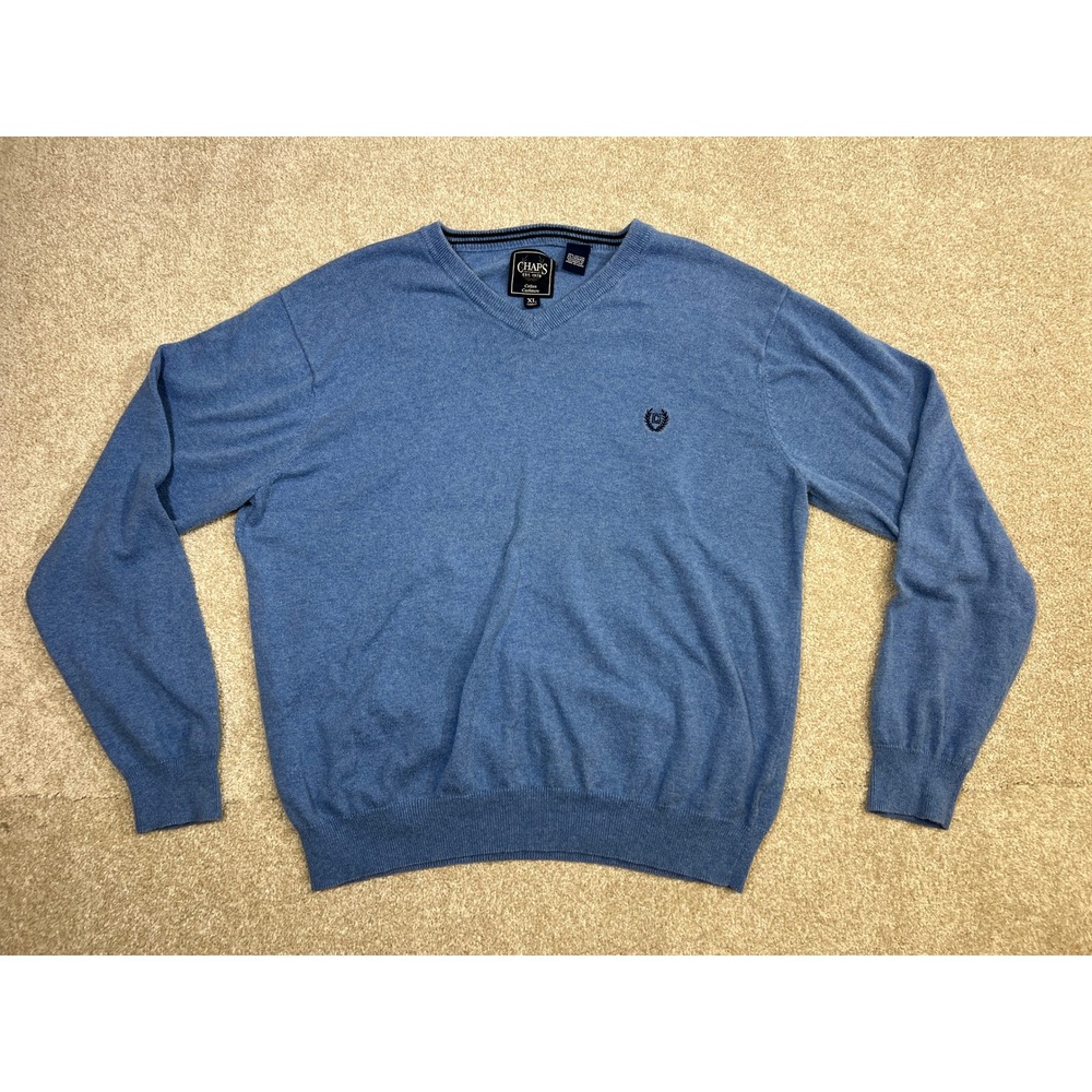 Chaps Cotton Cashmere Blend V Neck Sweater Men's XL Blue Long Sleeve Pullover